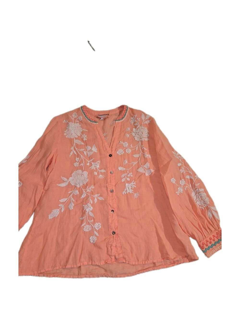 johnny was sz small 💯 ramie pheasant Blouse Orange W/ivory Embroidery Boho